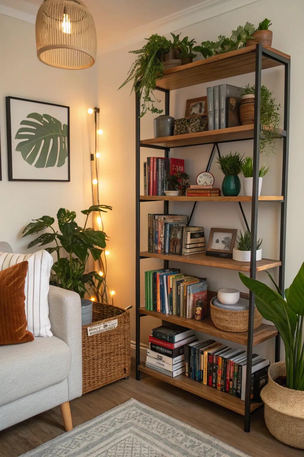 Stylish shelving blends practicality with aesthetic charm.