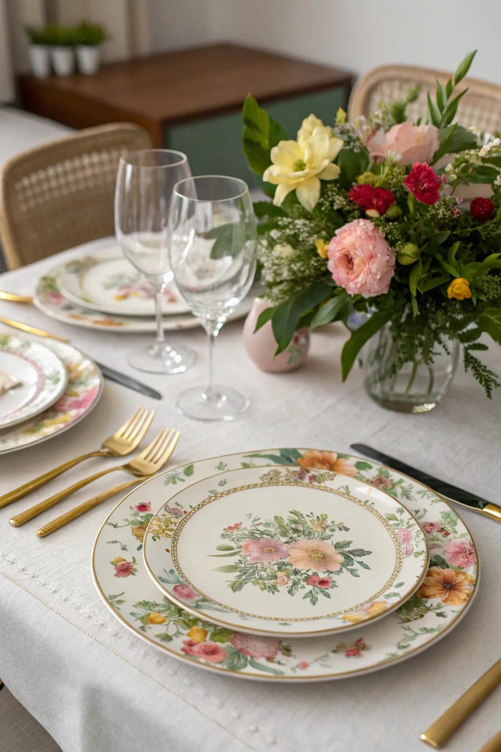 Table protectors enhanced with fresh florals for a lively aesthetic.