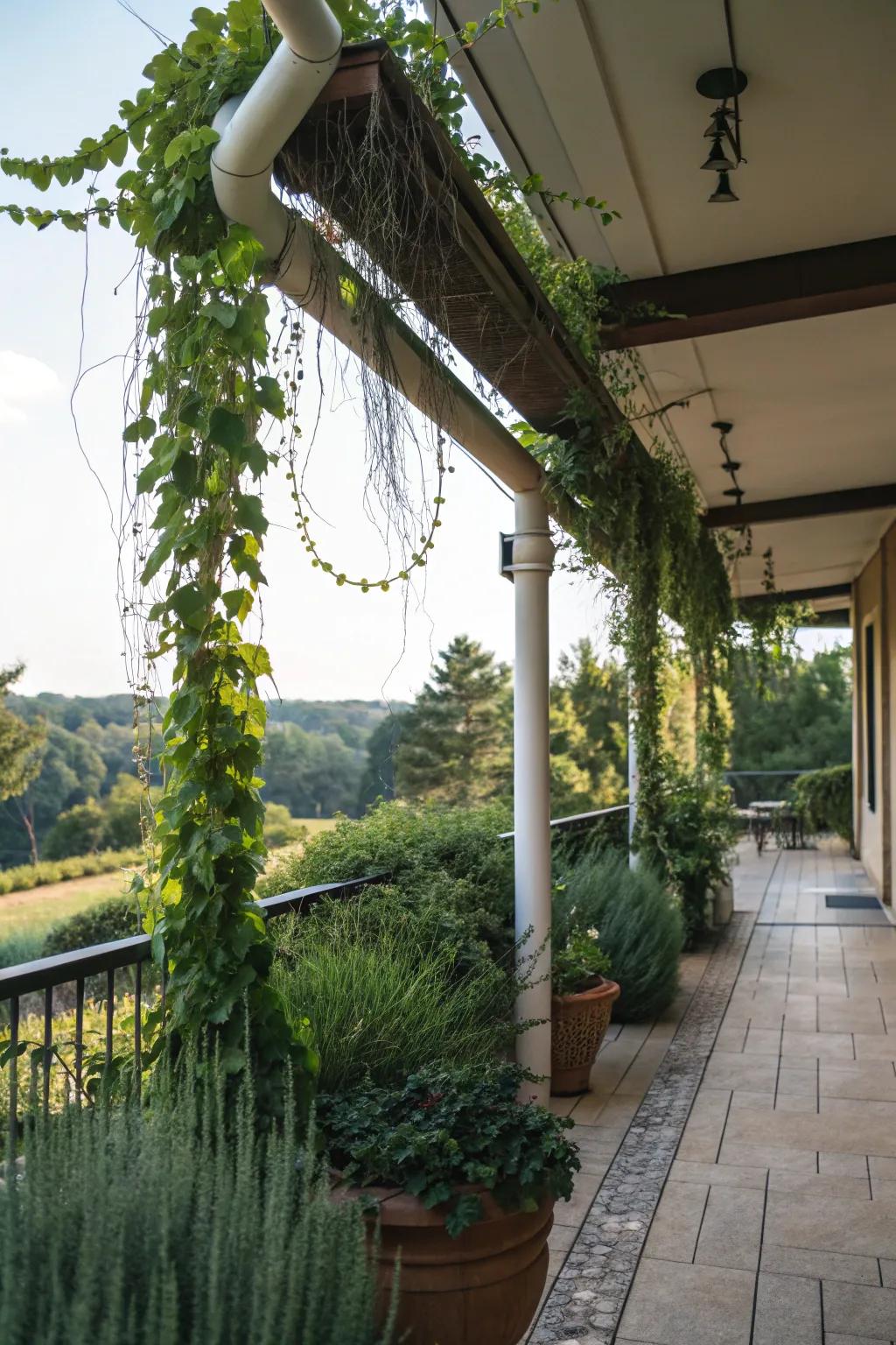 Climbing plants and greenery disguise plumbing within nature.