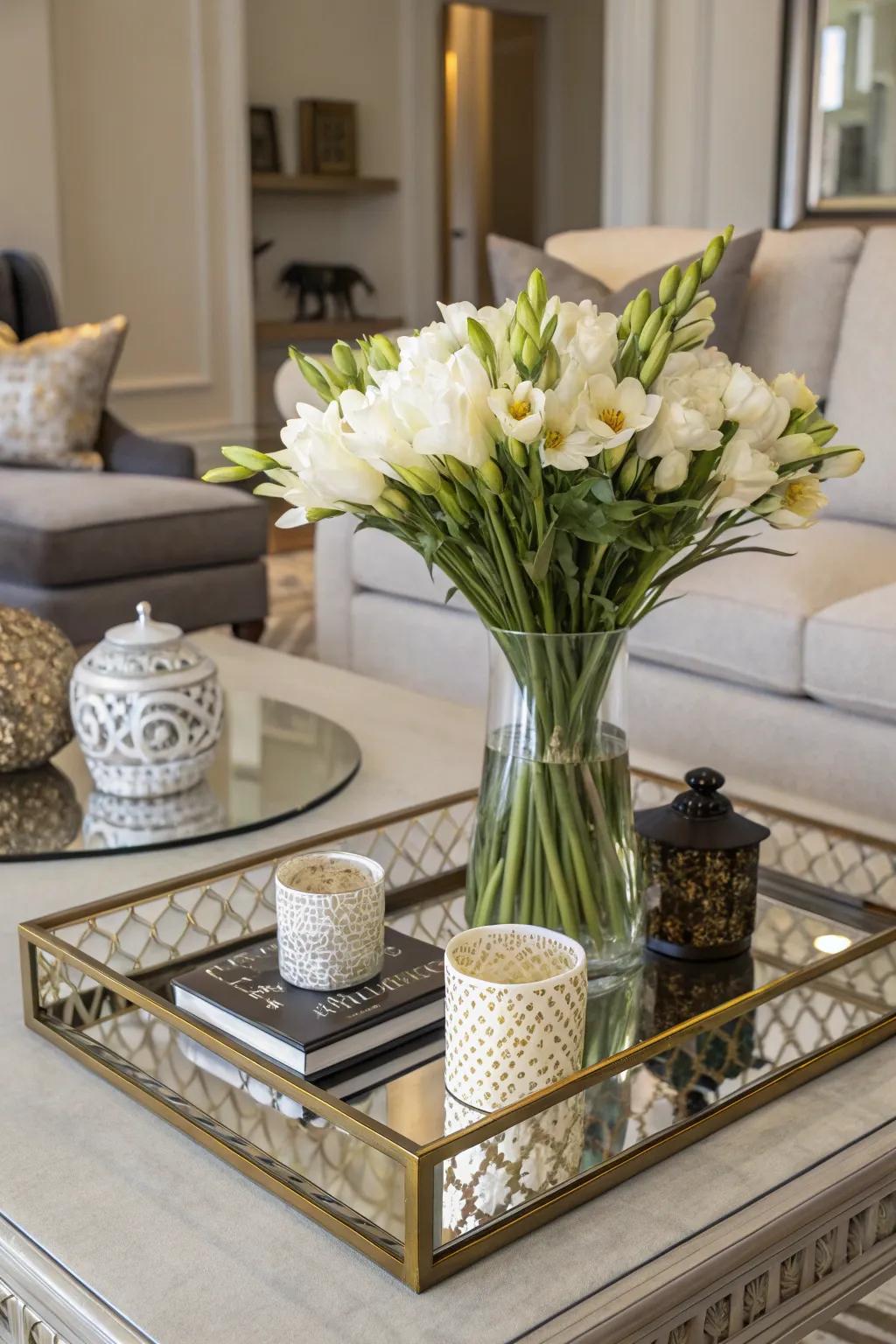 A flower holder contributes stature and vibrancy to a coffee table serving board.