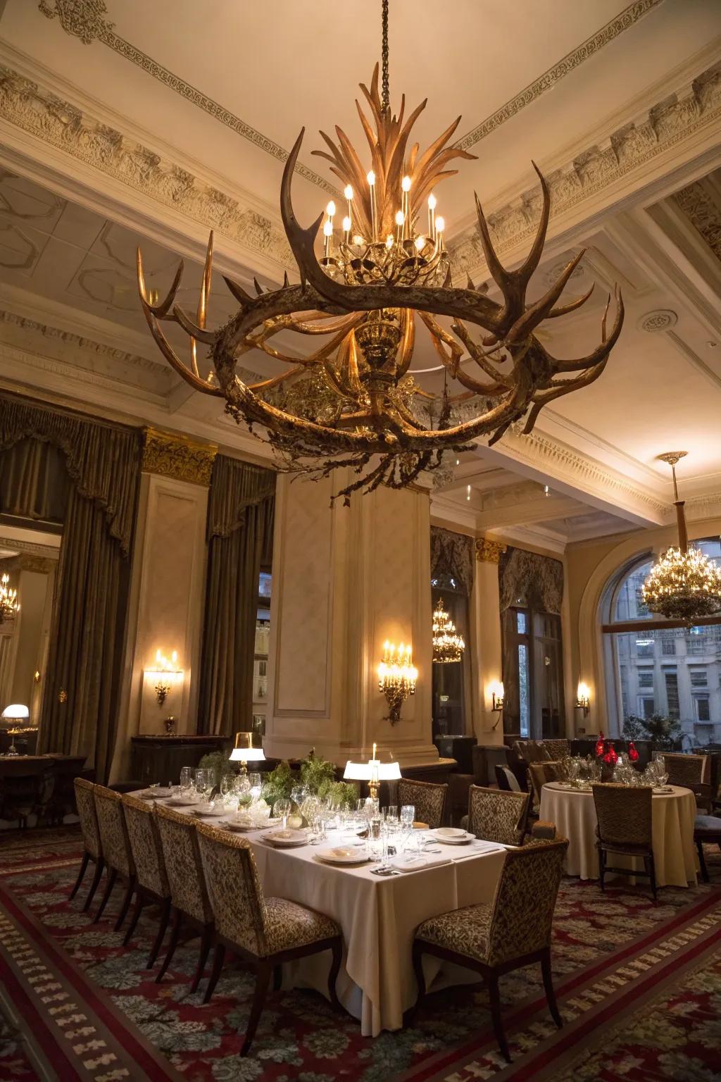 An impressive chandelier constructed from deer antlers serves as the key attraction in an elegant dining area.