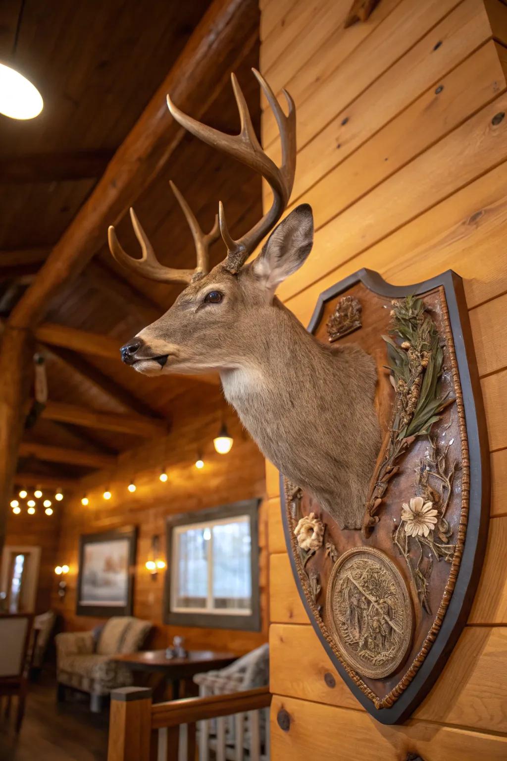A deer mount displayed on a bespoke, handcrafted base.
