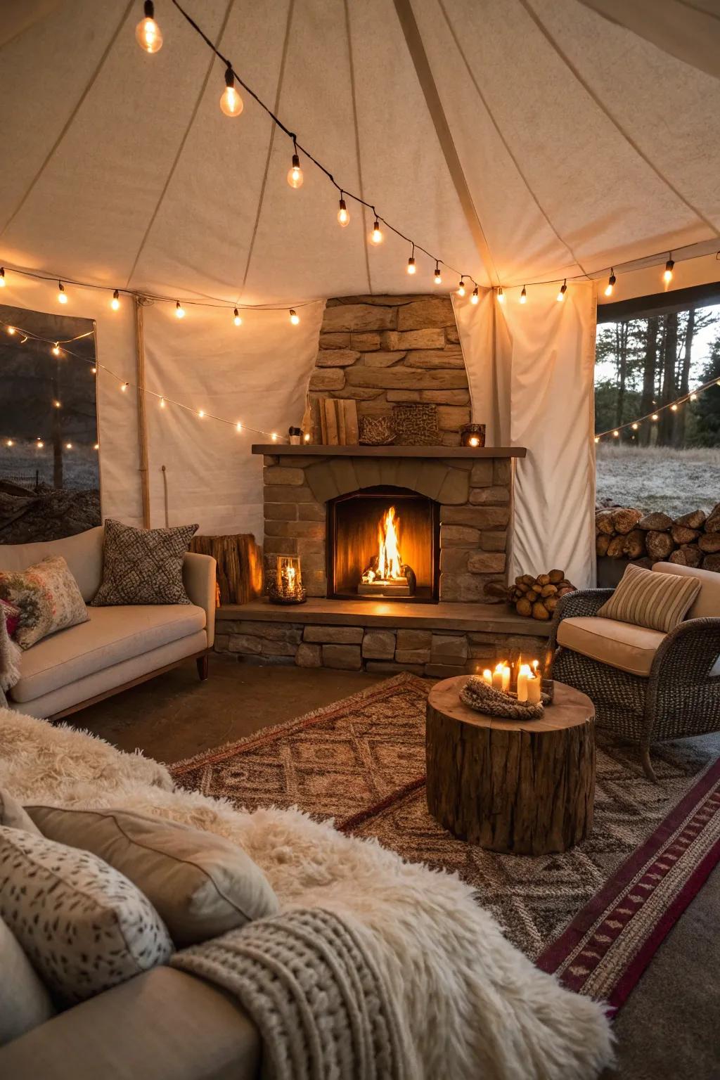 A den focused around a warm, inviting hearth.