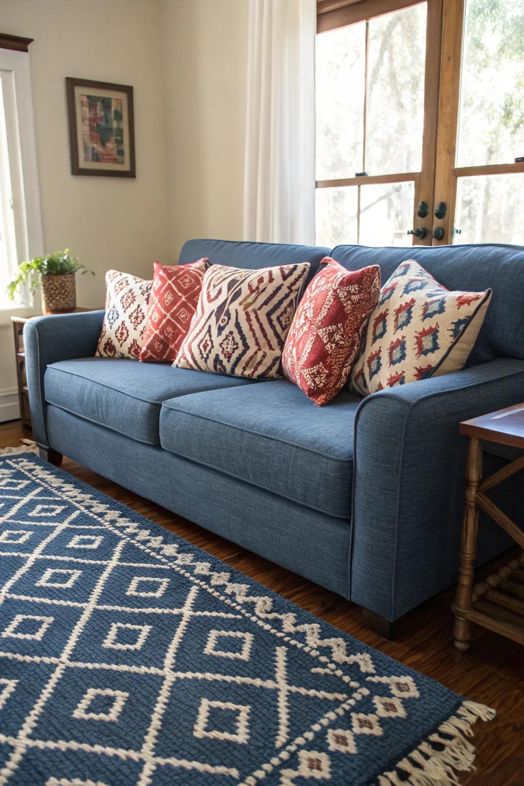 Designs inject visual interest to a cerulean decorated room setup.