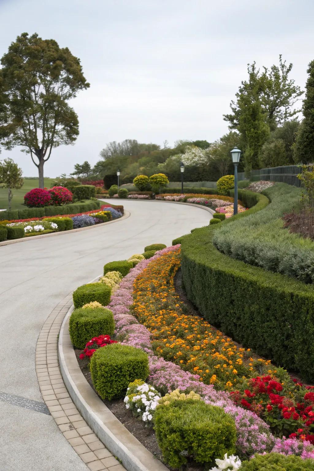 Floral borders transform this driveway into a fragrant, multicolored path.