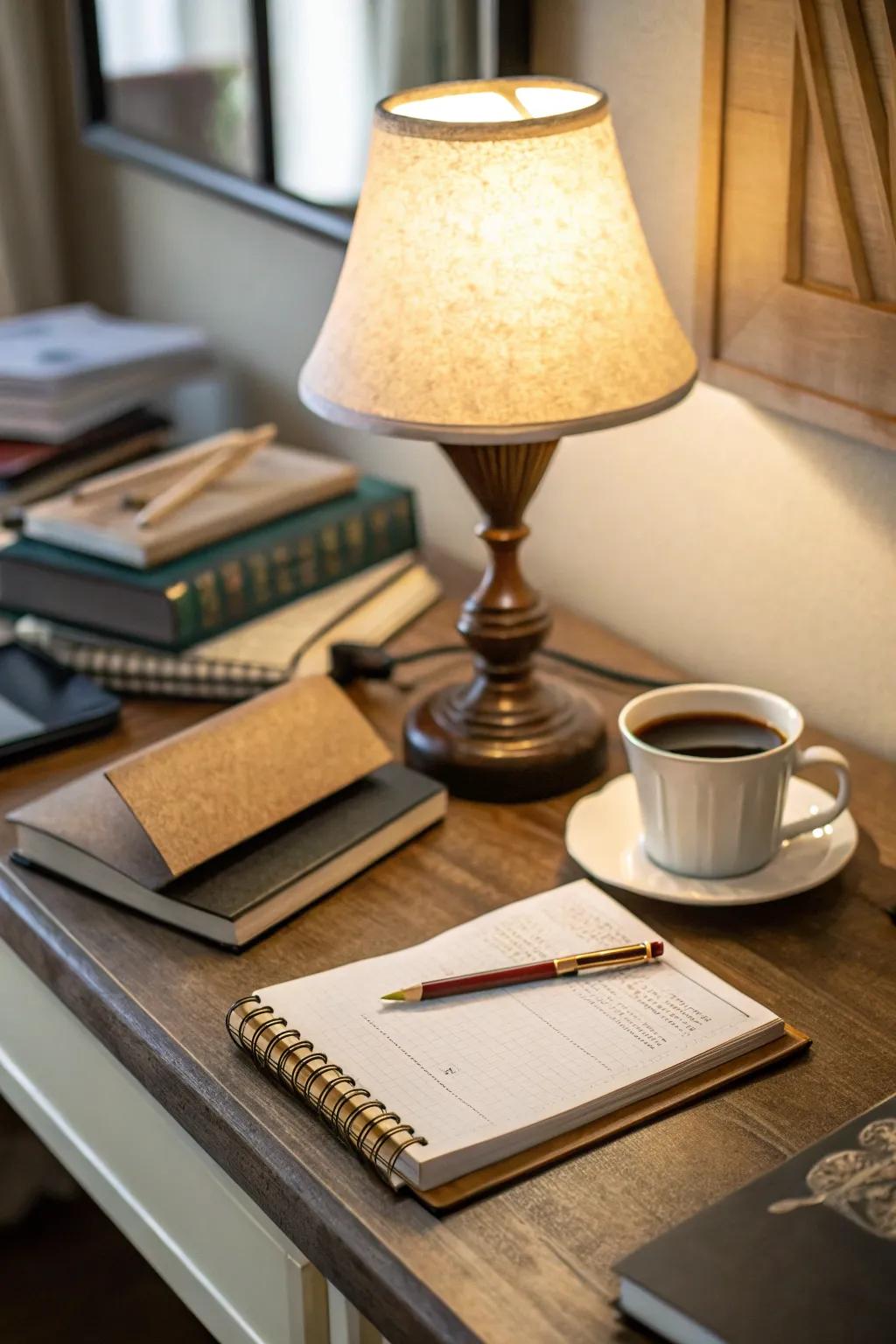 Warm lighting cultivates a welcoming and snug desk setting.