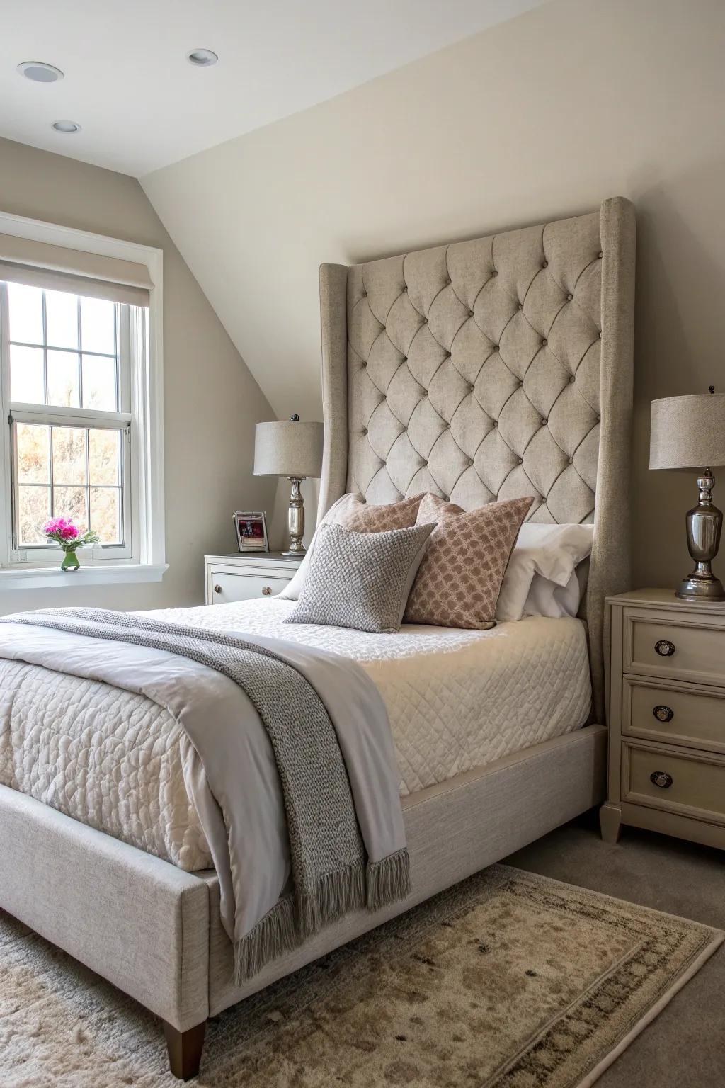 A tall headboard introduces elegance and height to an angled bed.