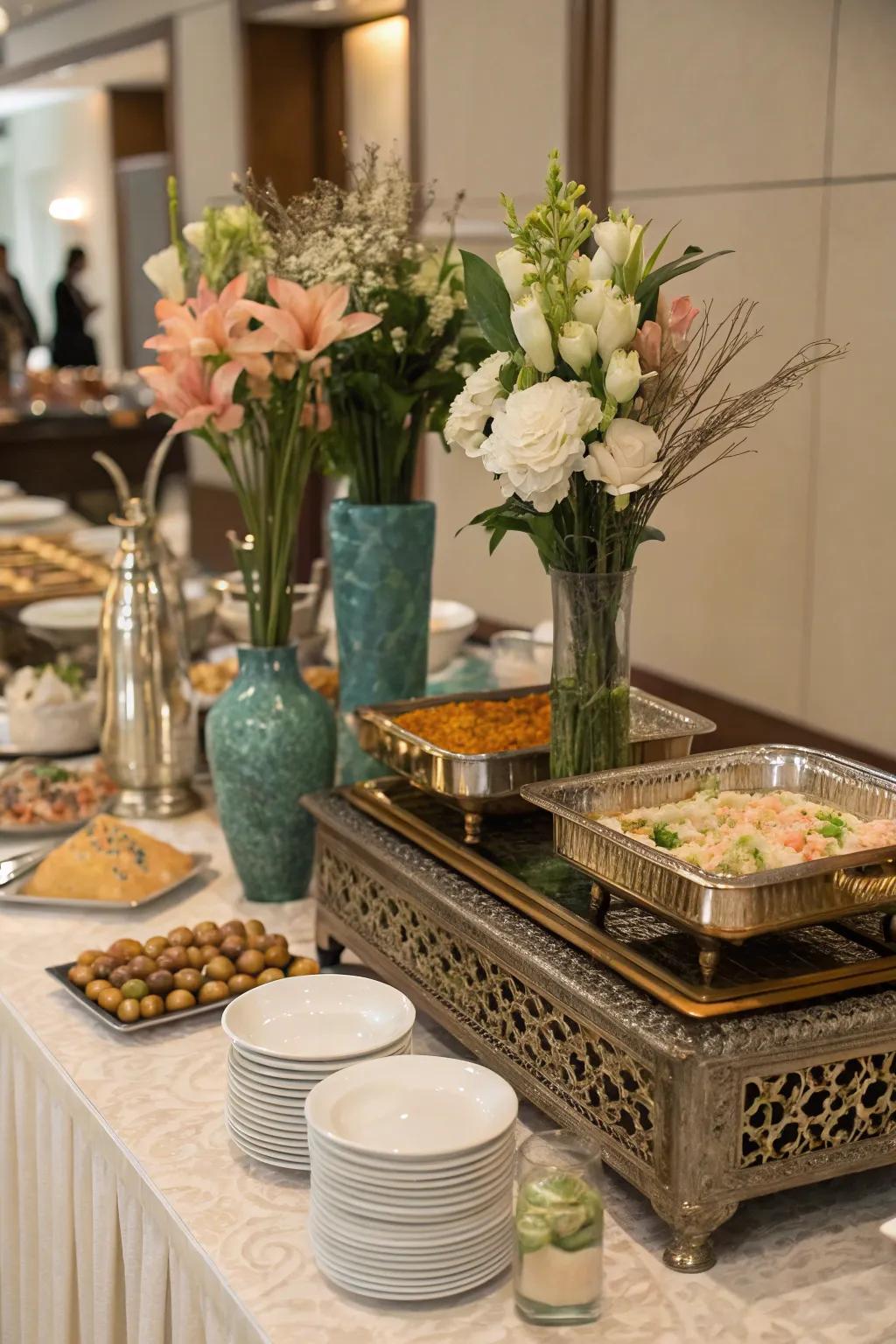 Platters and vases establish a sophisticated and structured buffet presentation.