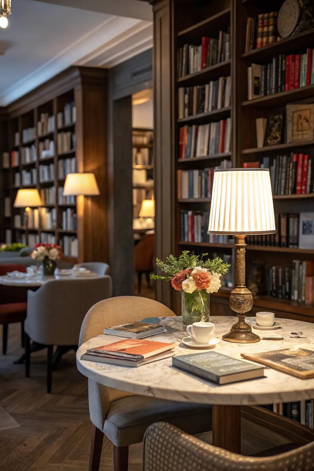 Dining in a library-themed setting provides a refined atmosphere.