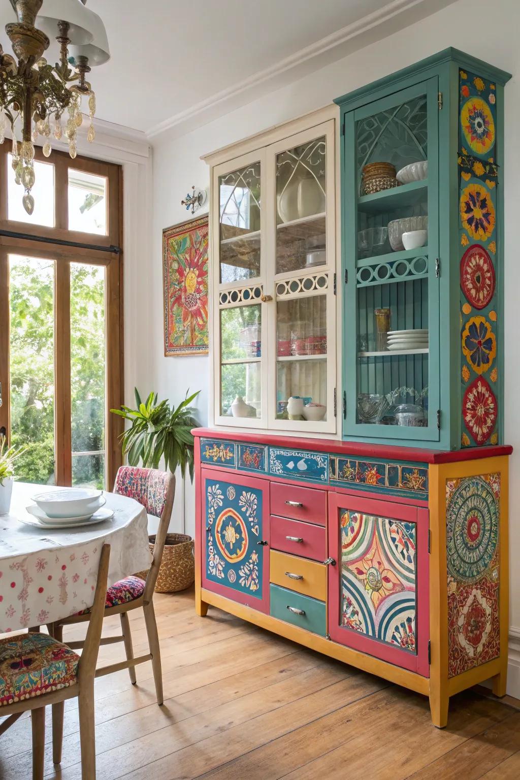 Varied colorful cabinets bring life and vibrancy to the dining room.