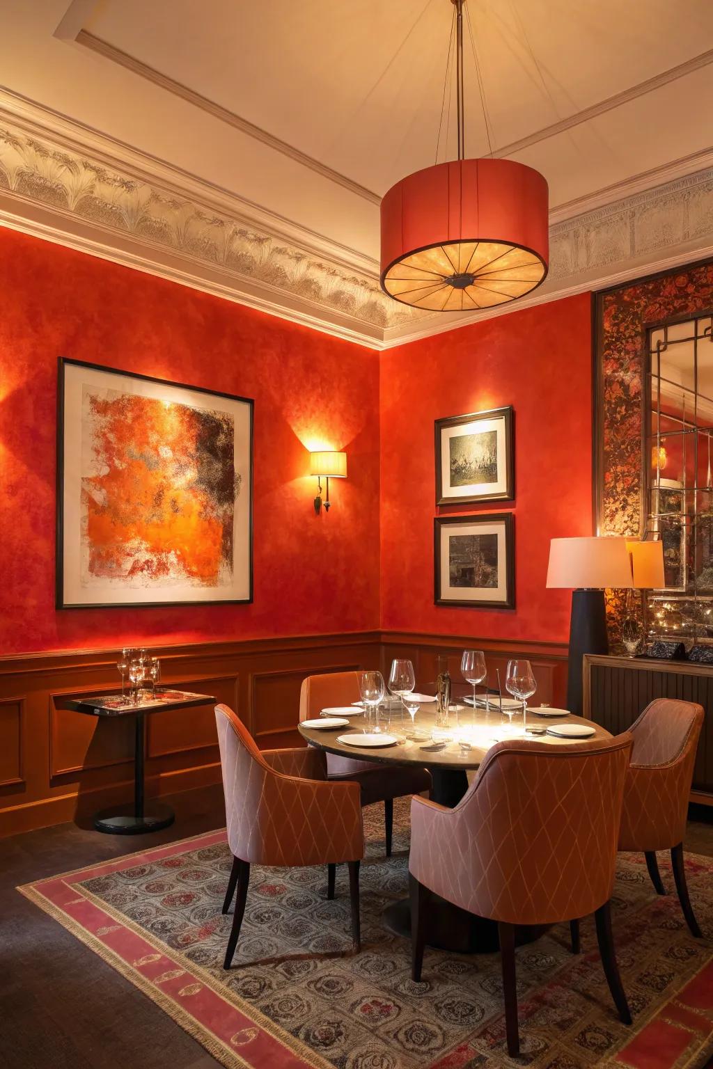 A vibrant dining area is brought to life with bold hues.