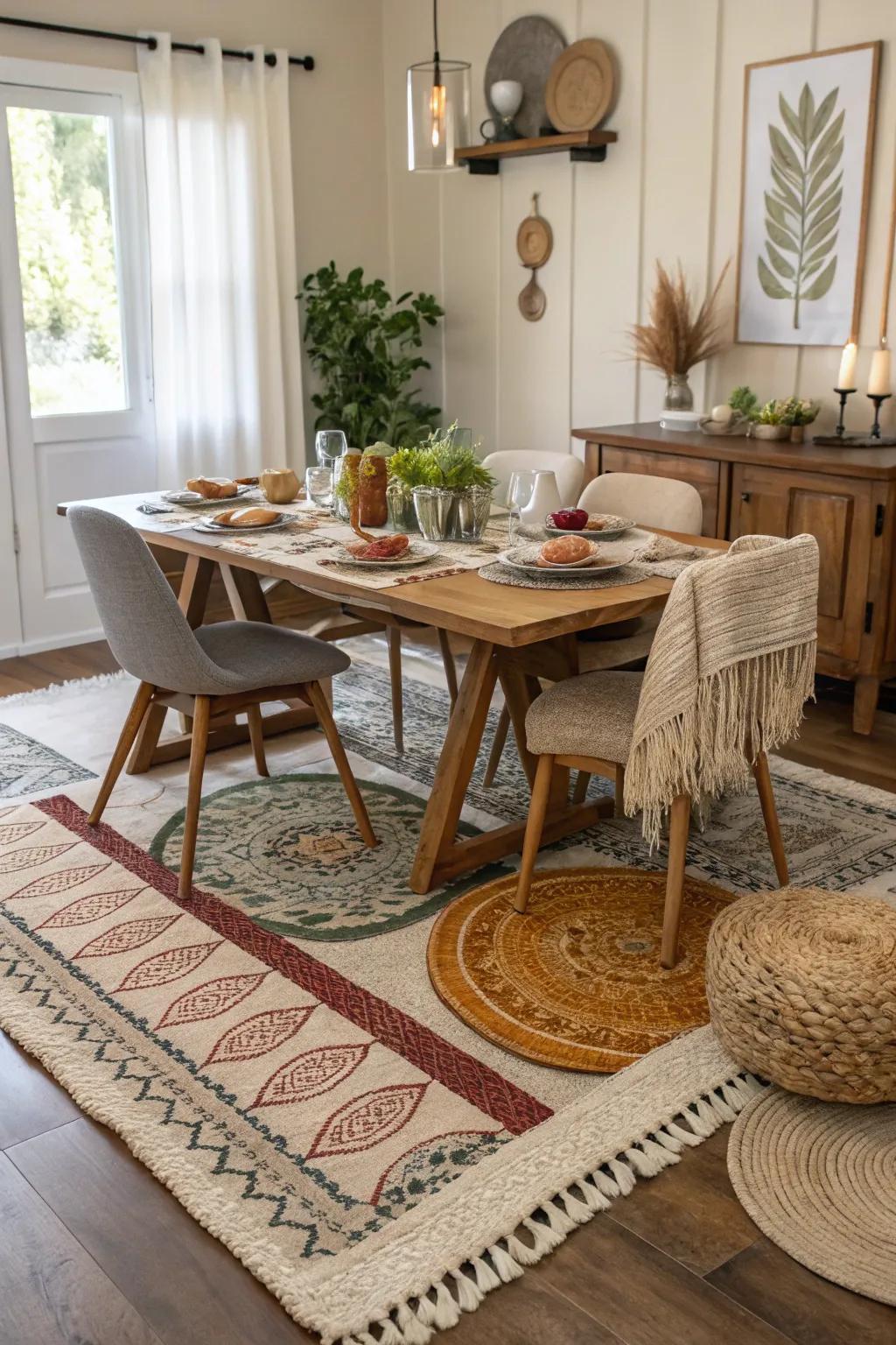 Introduce depth with layered rugs.