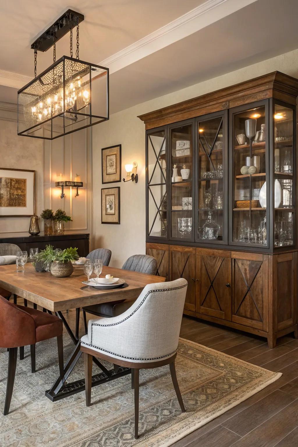 An artistic blend of materials crafts a distinctive and personalized dining space.