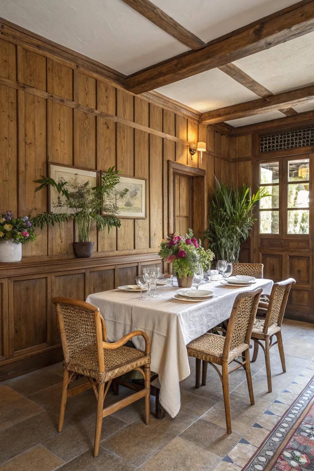 The dining room gains a cozy, inviting ambiance from rustic wooden wainscoting.