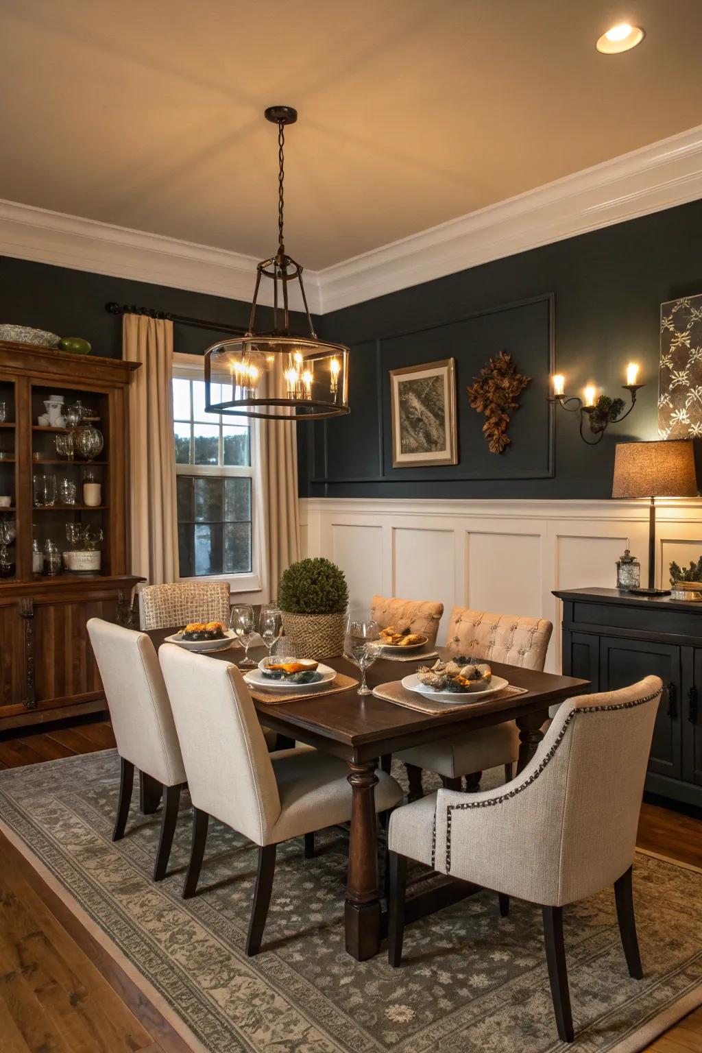 Dark paint above the chair rail cultivates an intimate dining ambiance.