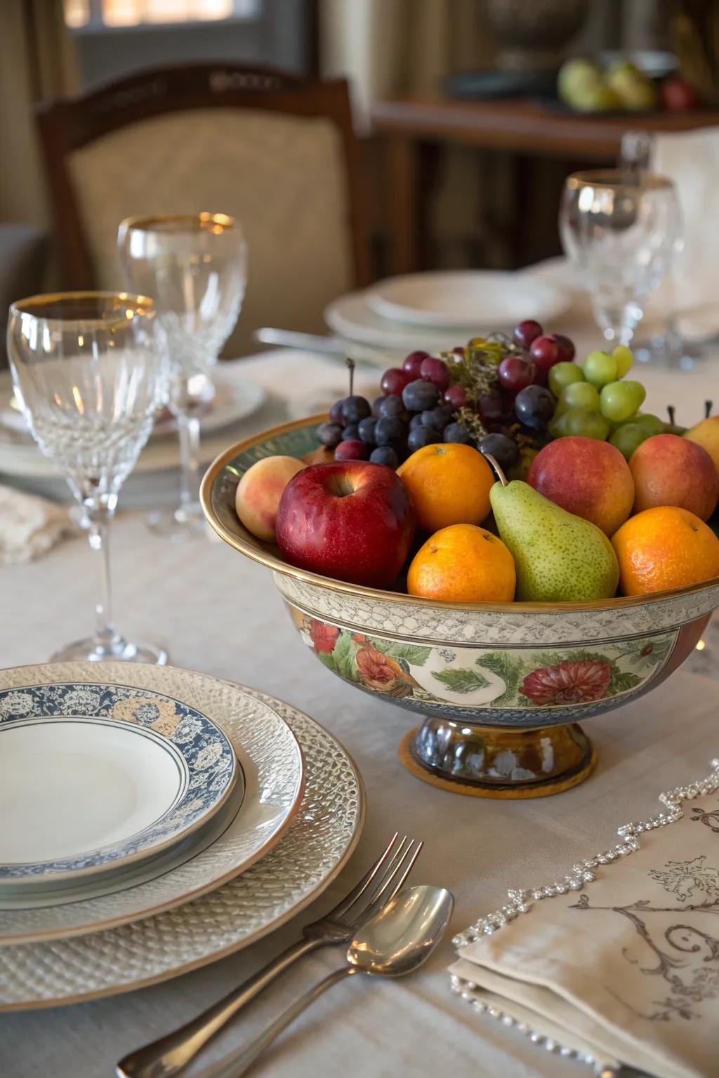 A functional centerpiece, like a fruit bowl, adds both visual appeal and practicality to your table.