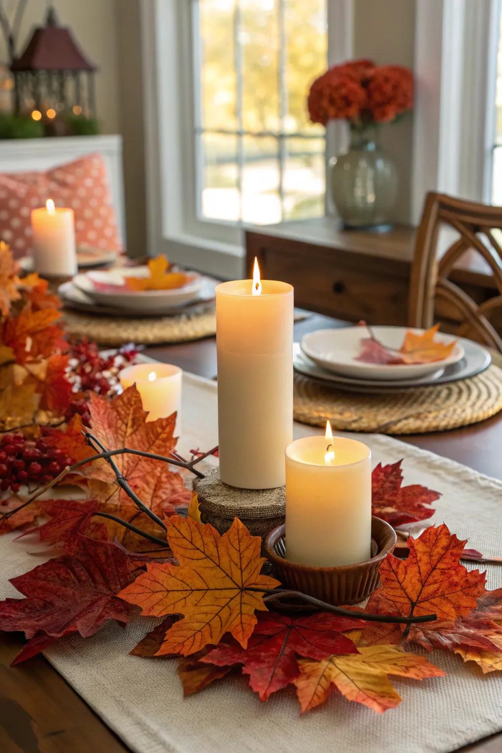 A dining table adorned with seasonal autumnal foliage.
