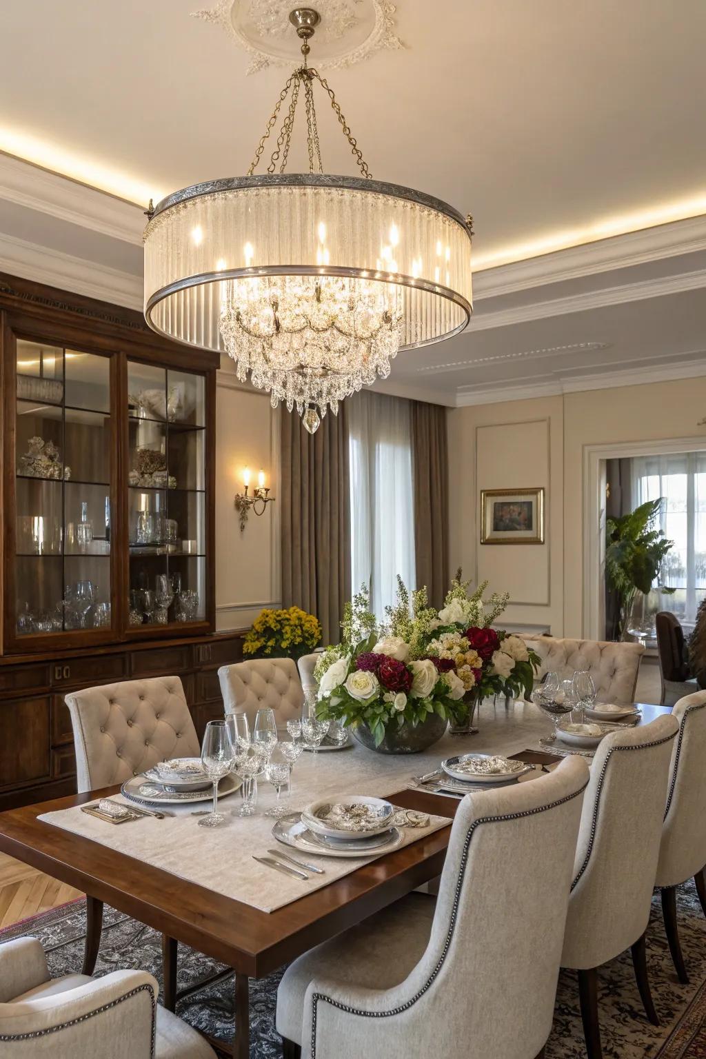 A chandelier incorporates sophistication and warmth, thereby enhancing the dining atmosphere.