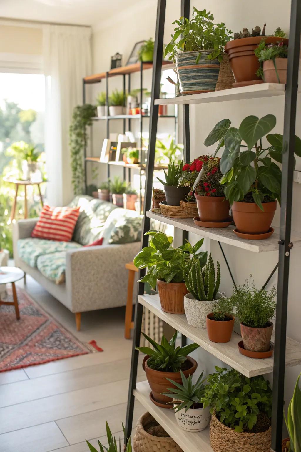 Shelves with flora invite nature inside.
