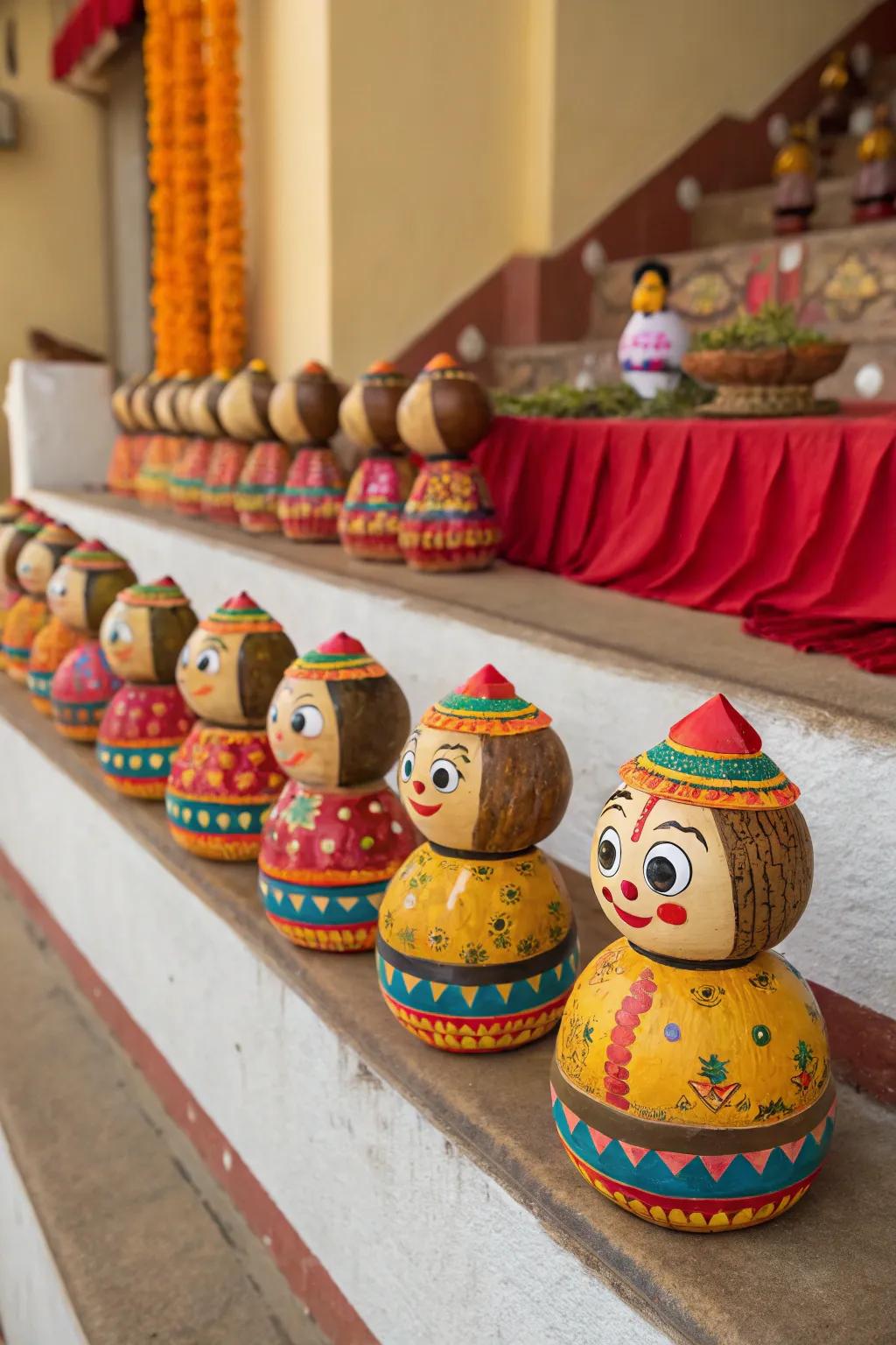 Figurines crafted from coconut shells infuse an eco-conscious vibe into Golu.