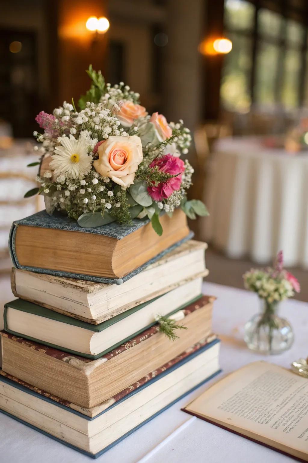 Stacks of classic books bring literary beauty.