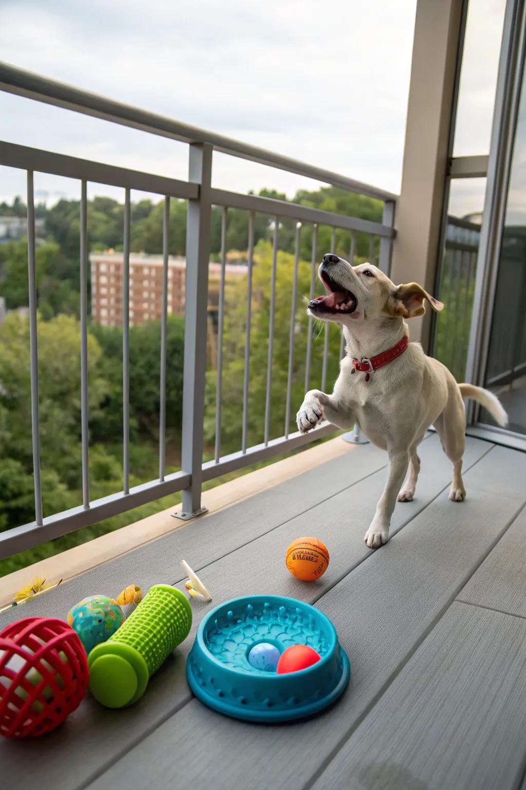 Playthings and gnawing treats keep dogs amused on the balcony.