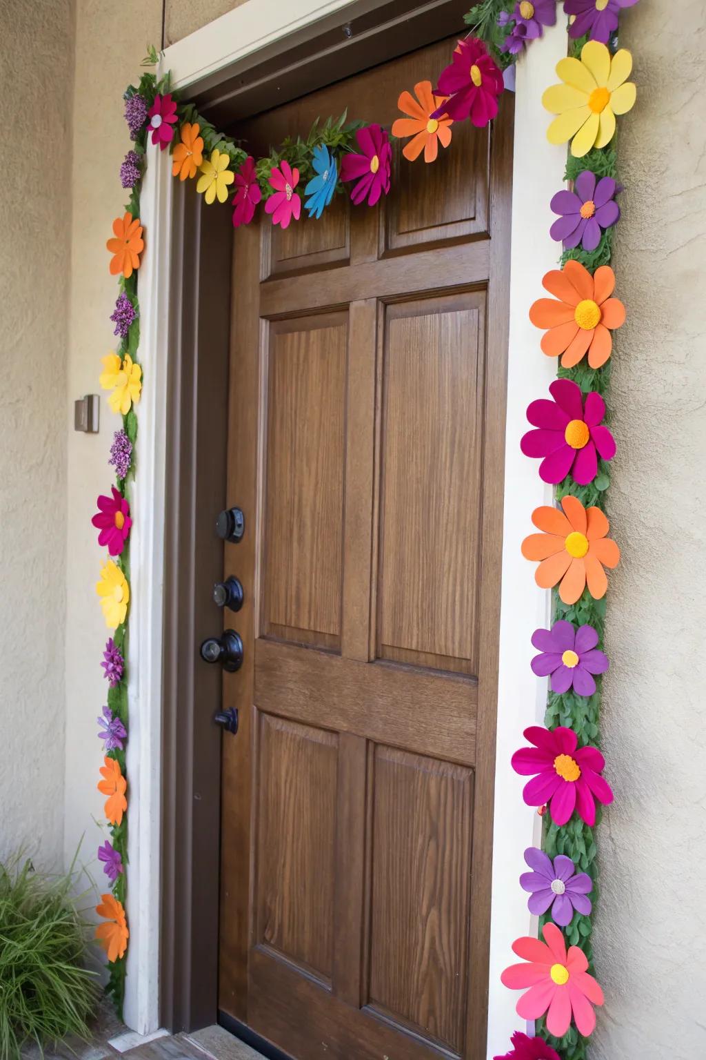 Textile bloom garlands add a whimsical charm to any door.