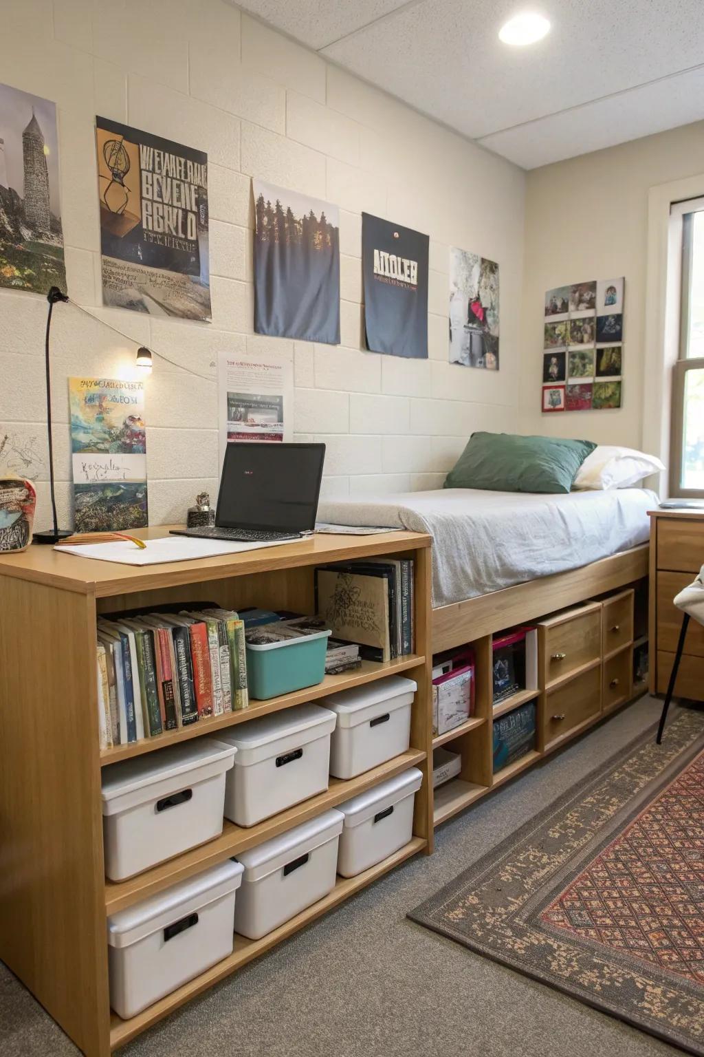 Practical storage options assist in keeping a neat dorm space.