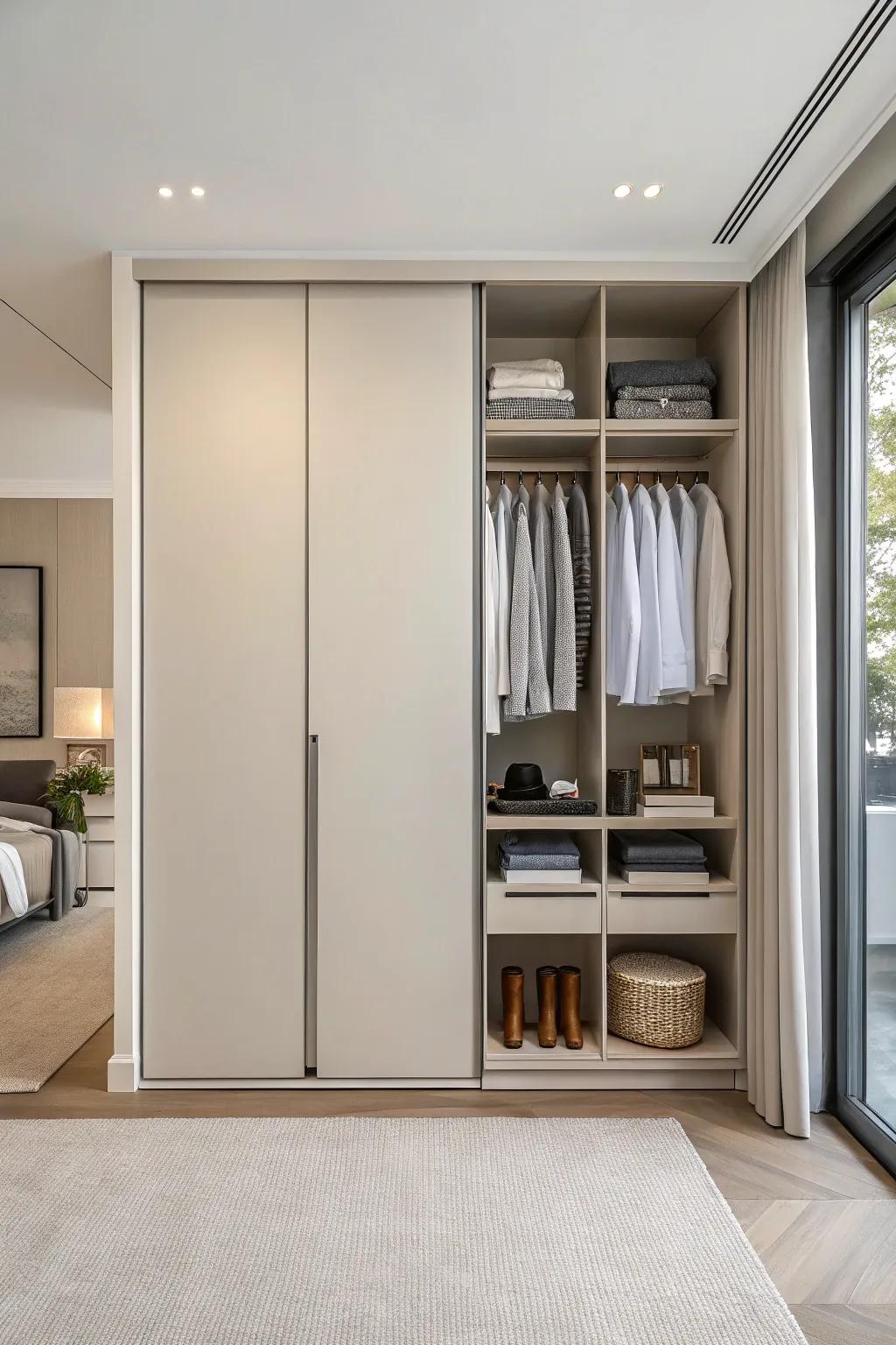Elegance and tranquility are evident in a minimalist double closet design.