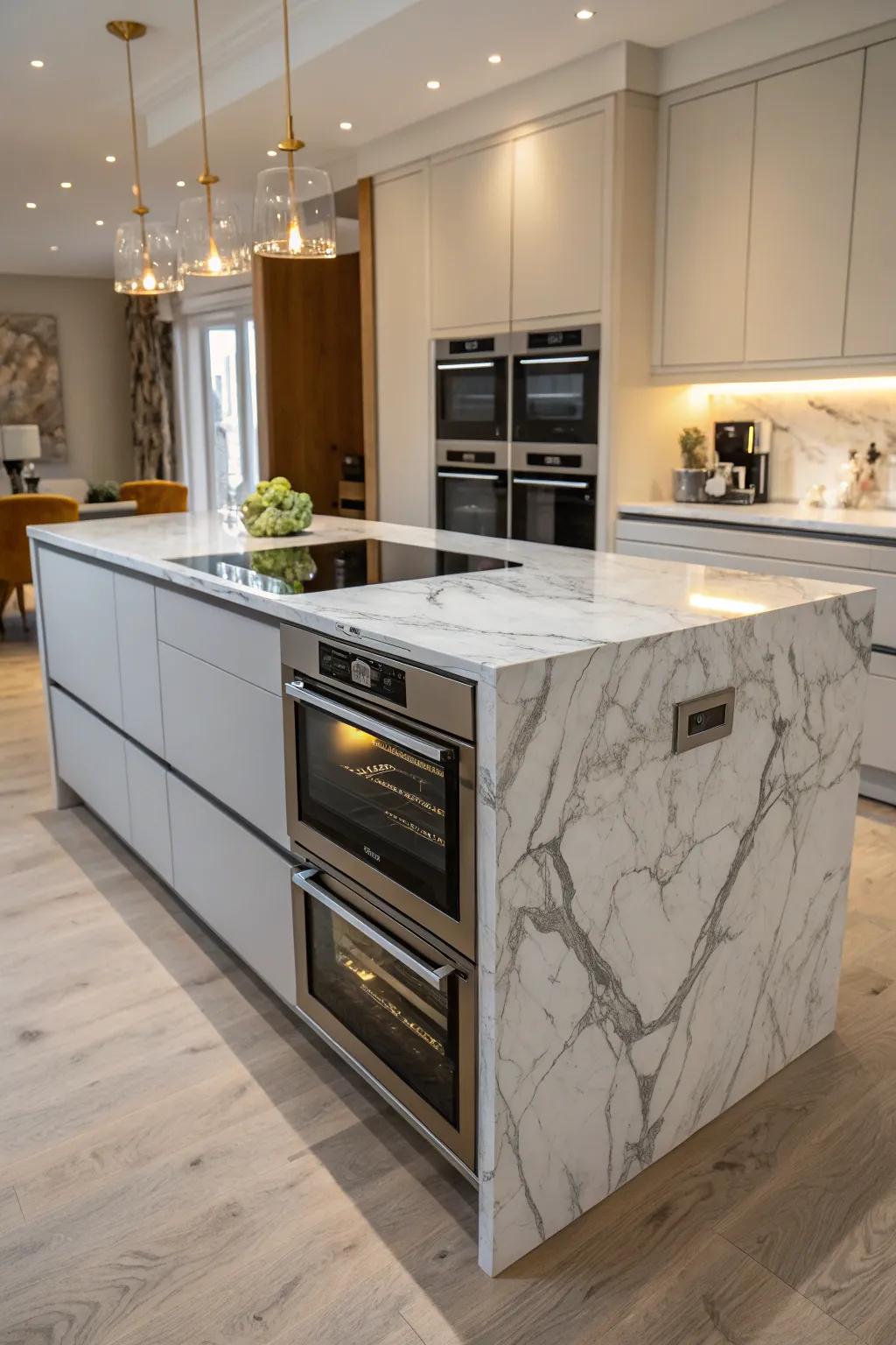 A kitchen island featuring a double oven, making it the focal point for all culinary activities.