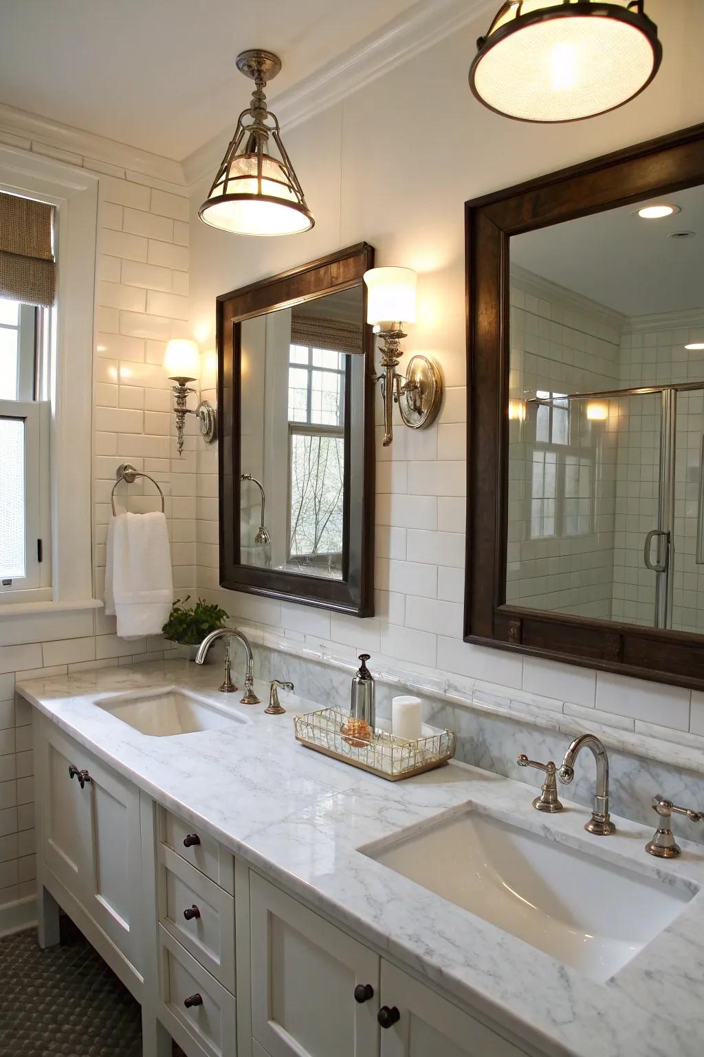 Stylish sconces and pendant lights beautifully illuminate the double sinks.