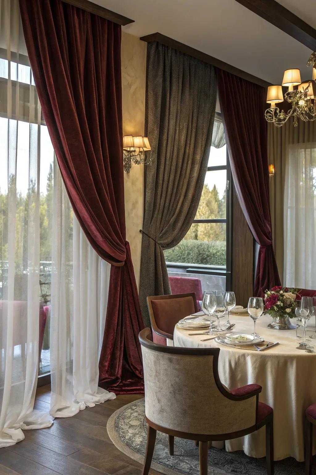 Velvet and sheer drapes layered to introduce depth to a dining room.