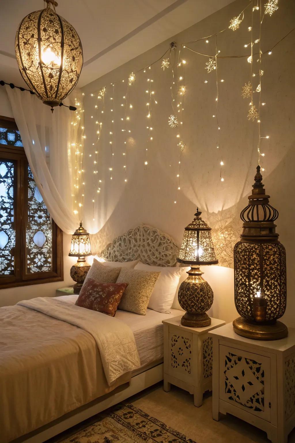 Unique lighting adds warmth and charm to the bedroom.