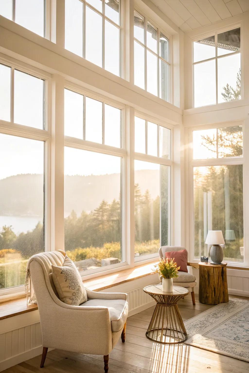 A vibrant and airy room with broad windows allowing natural light to illuminate the space.