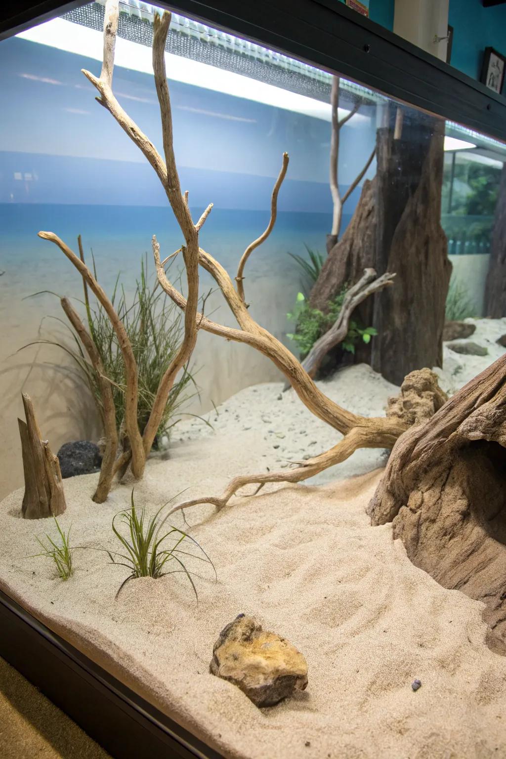A seaside shoreline-inspired waterscape featuring pale aquatic wood and sandy hues.