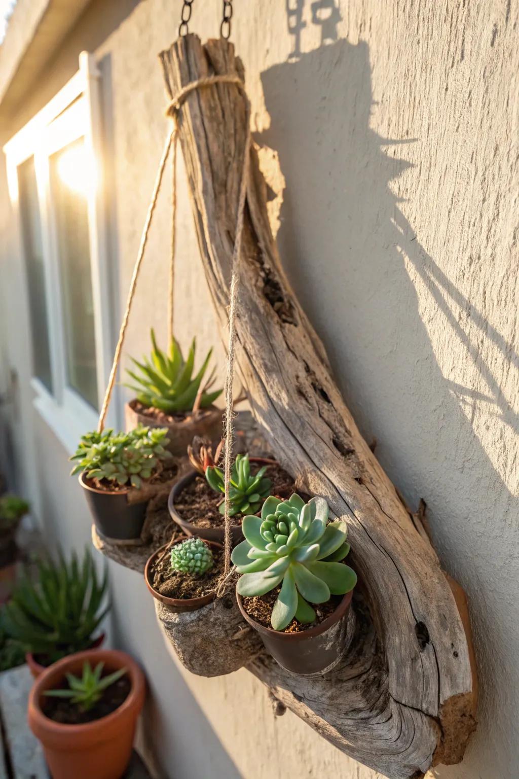 Display your vegetation using innovative driftwood planters.