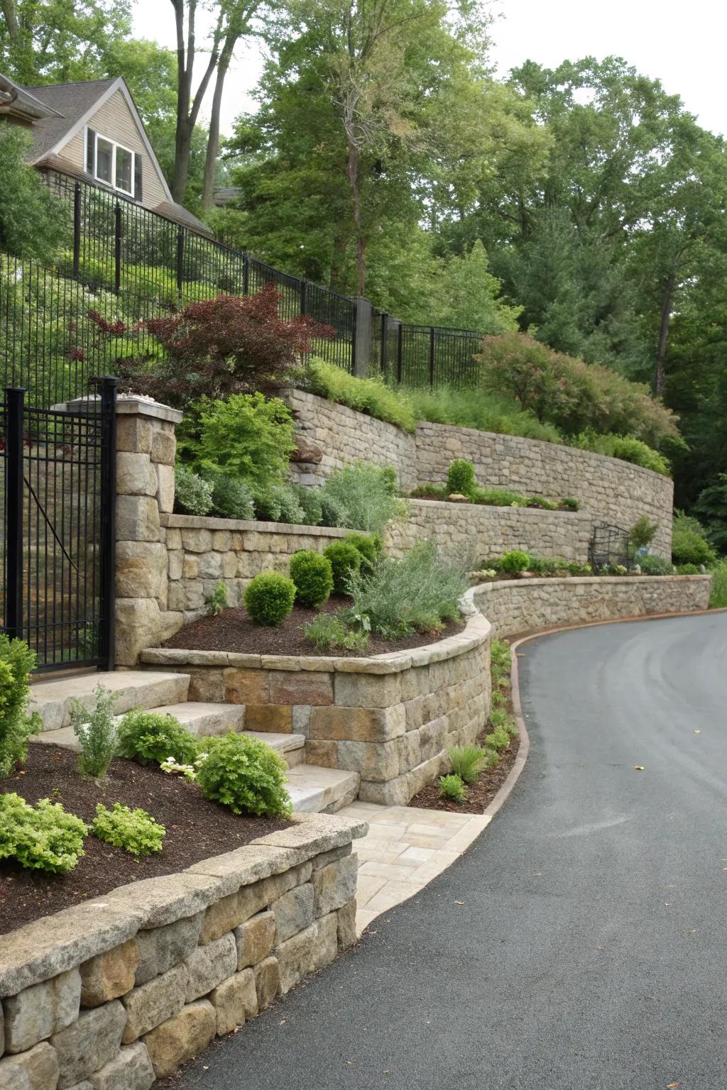 Rock support structures adding dimension and texture to the driveway.