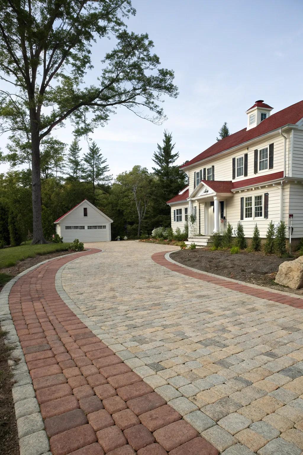 A lively driveway showcasing a combination of stone and brick pavers for added texture.