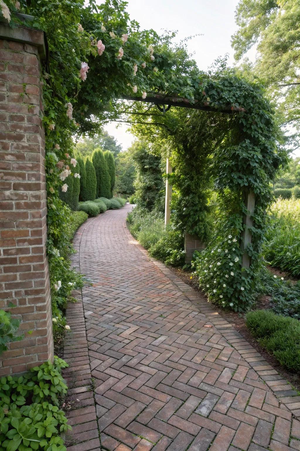 A herringbone brick path adorned with lush, climbing vines.