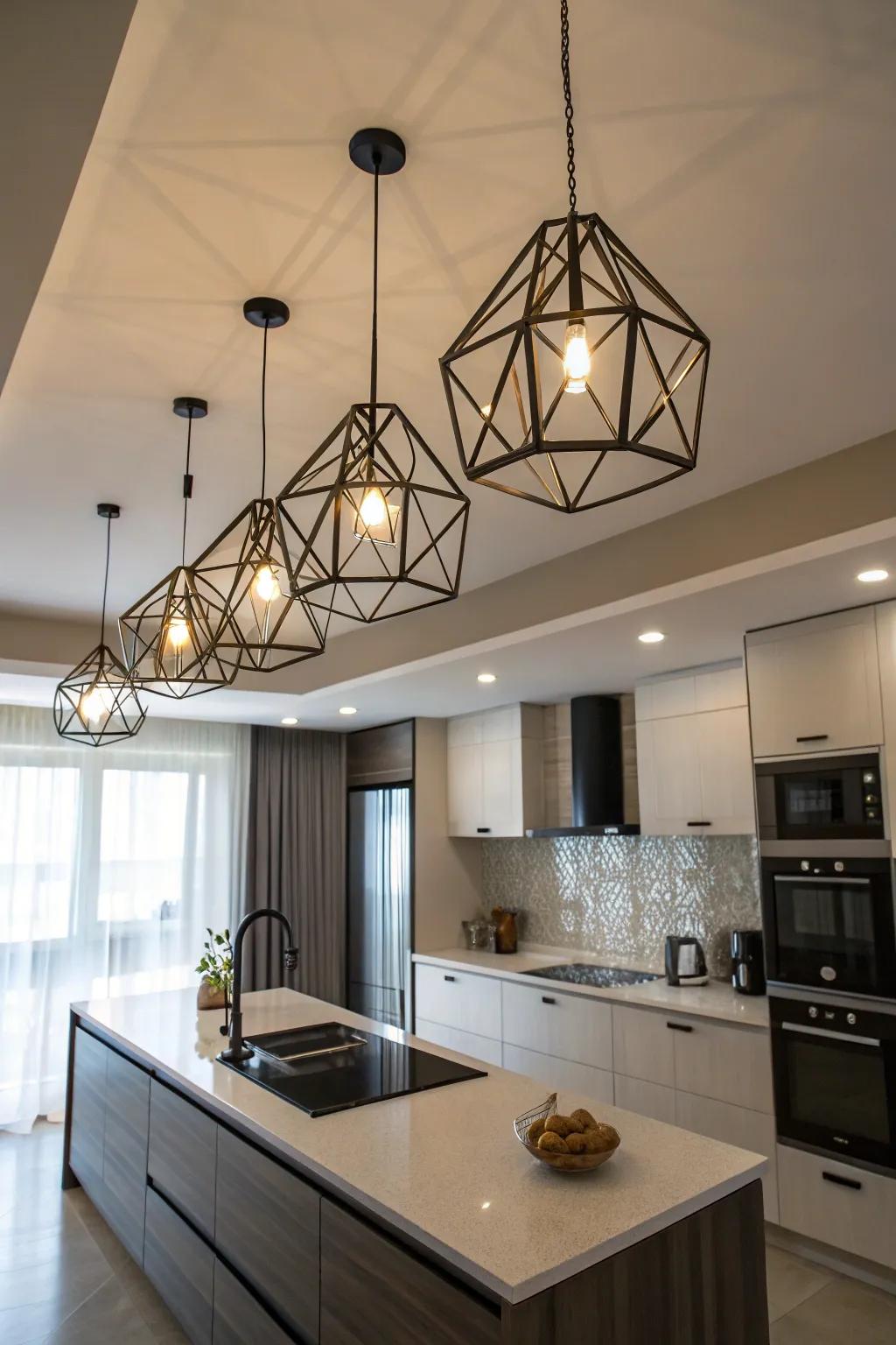 Geometric pendants contribute an edgy touch to this kitchen.