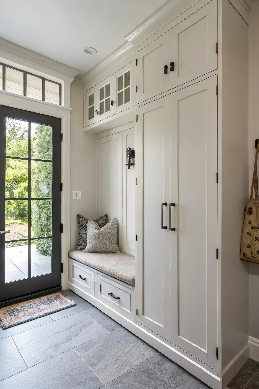 Integrated cabinets provide hidden storage solutions.