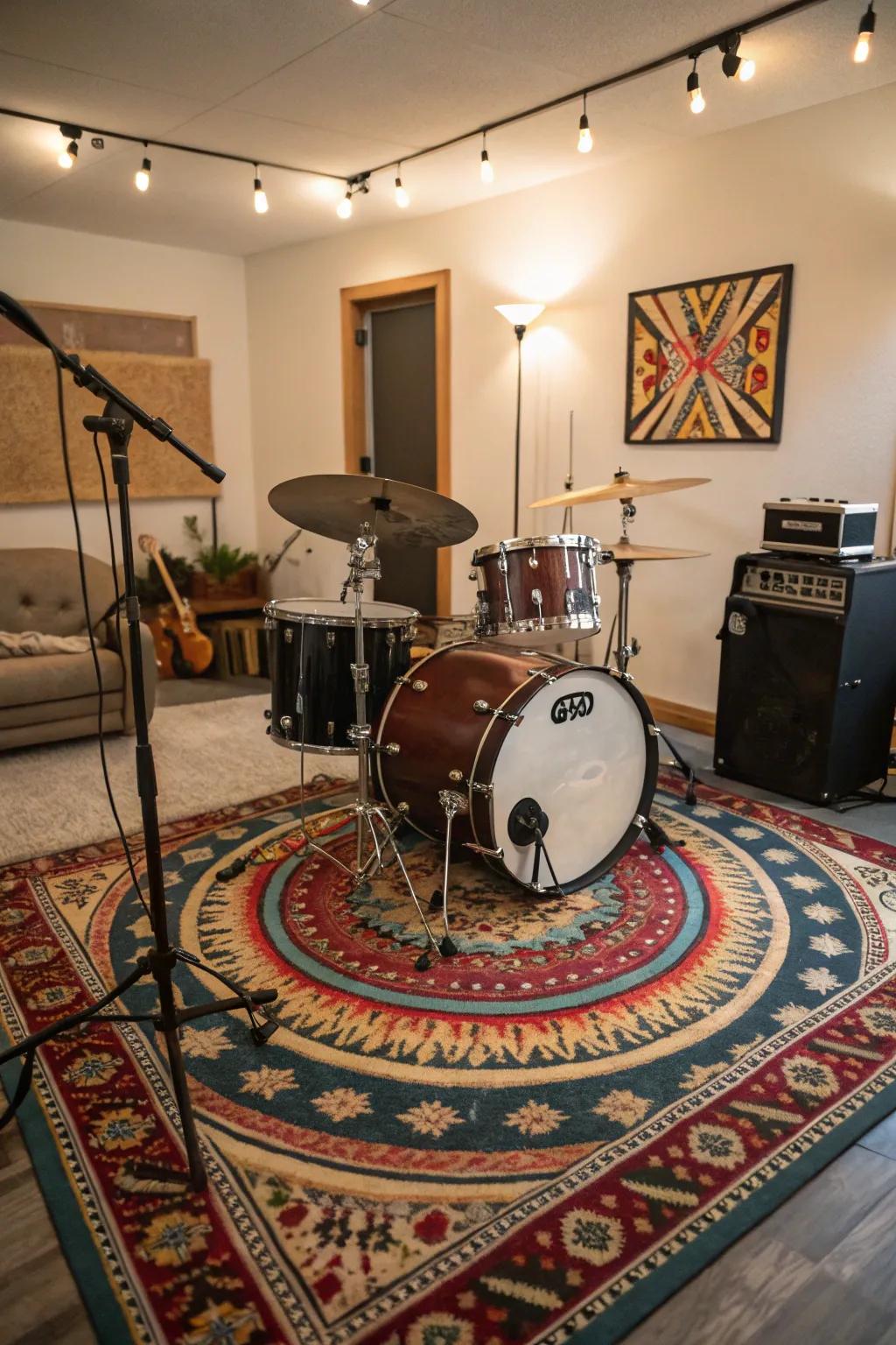 Floor coverings provide both aesthetic and acoustic benefits in a drum room.