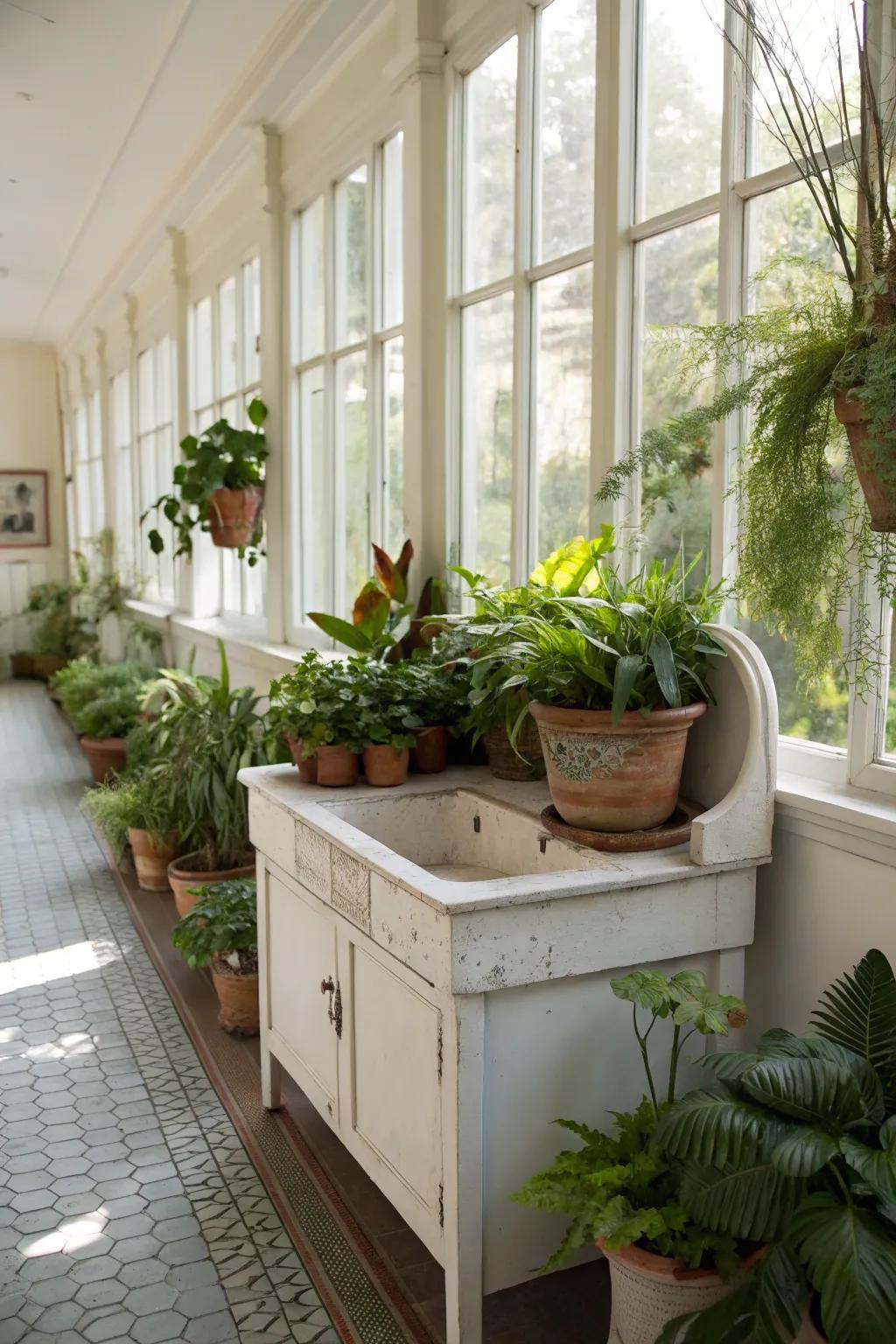 A reclaimed storage unit turned into a vibrant green corner.