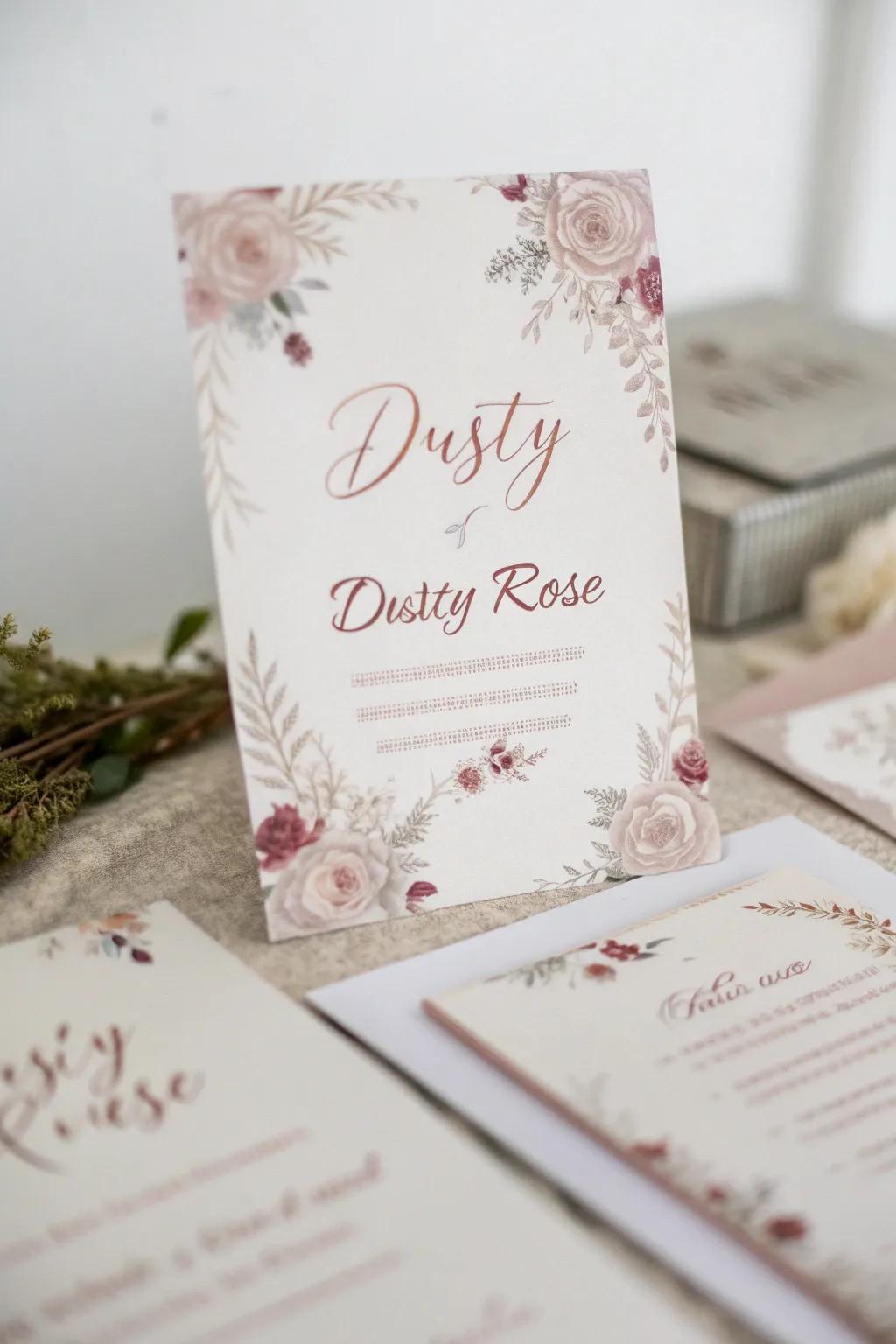 Elegant wedding paper goods featuring rosewood blush highlights.