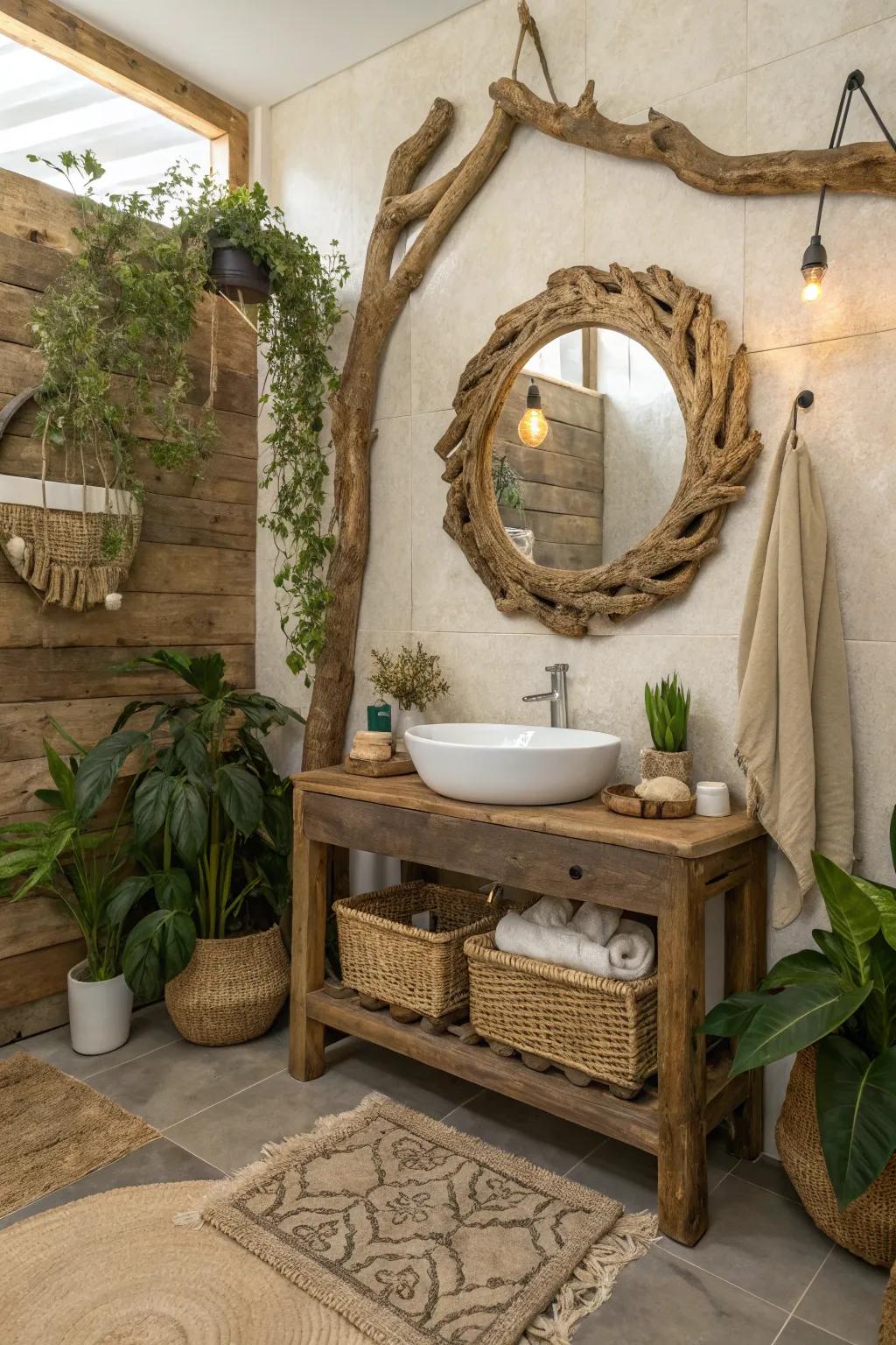 Organic shapes and rustic décor enhance the organic bathroom aesthetic.