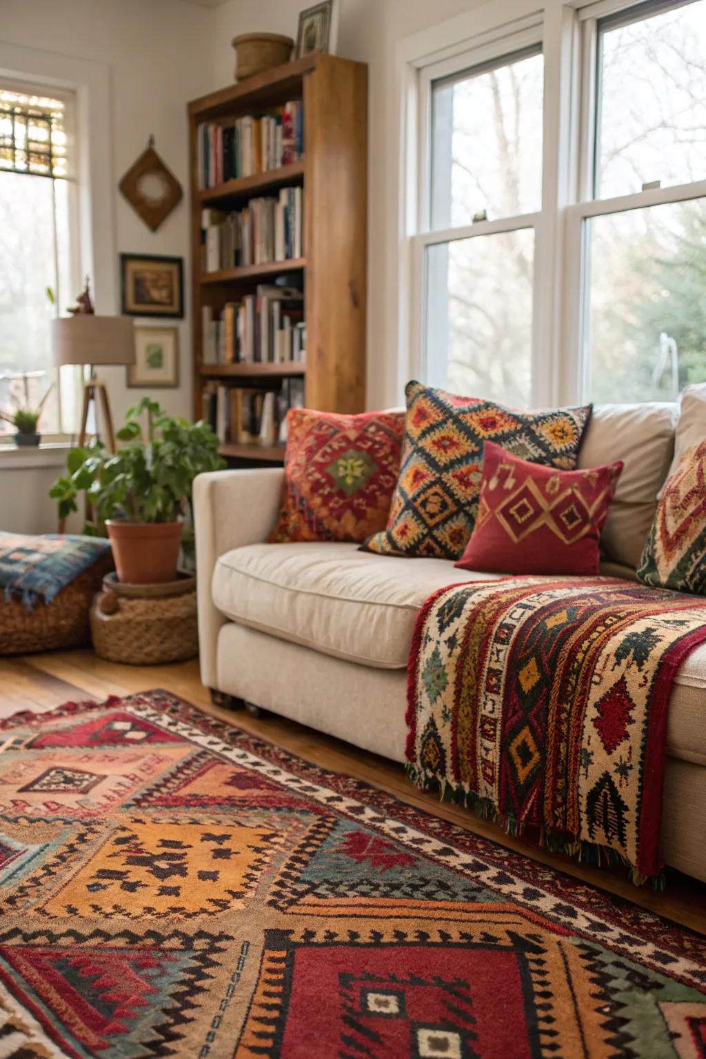 Living room showcasing ethnic patterned decorations for a bohemian vibe.