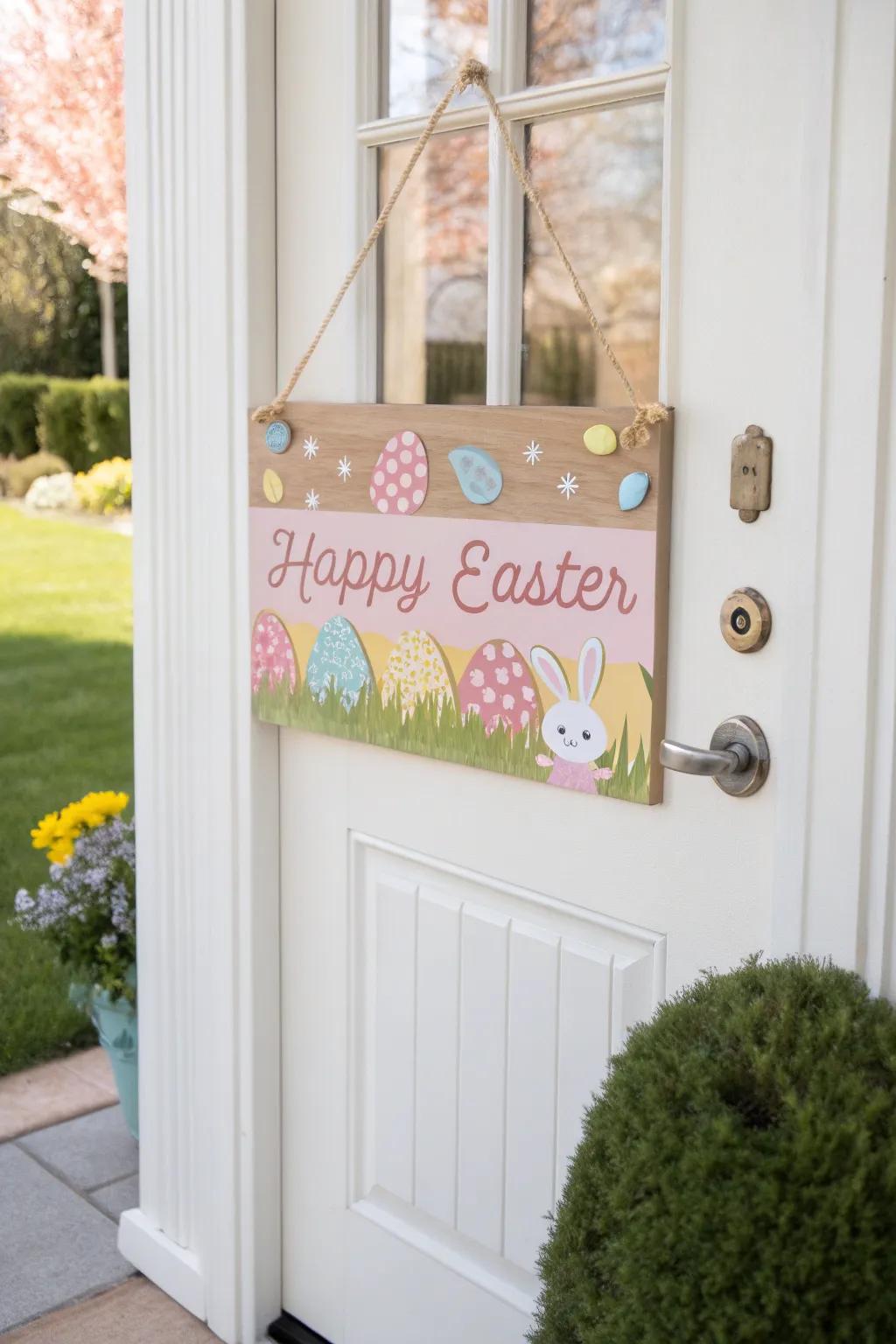 A timber plaque bearing a cheerful Easter inscription warmly welcomes guests.
