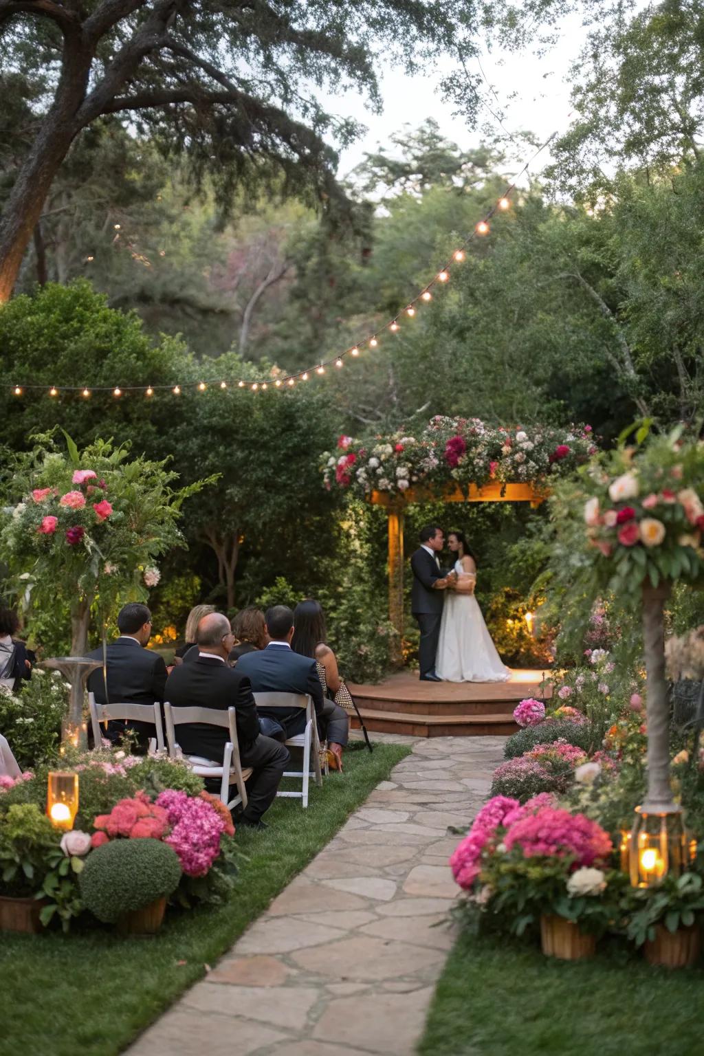 An outdoor garden wedding showcasing verdant foliage and flowering decorations.