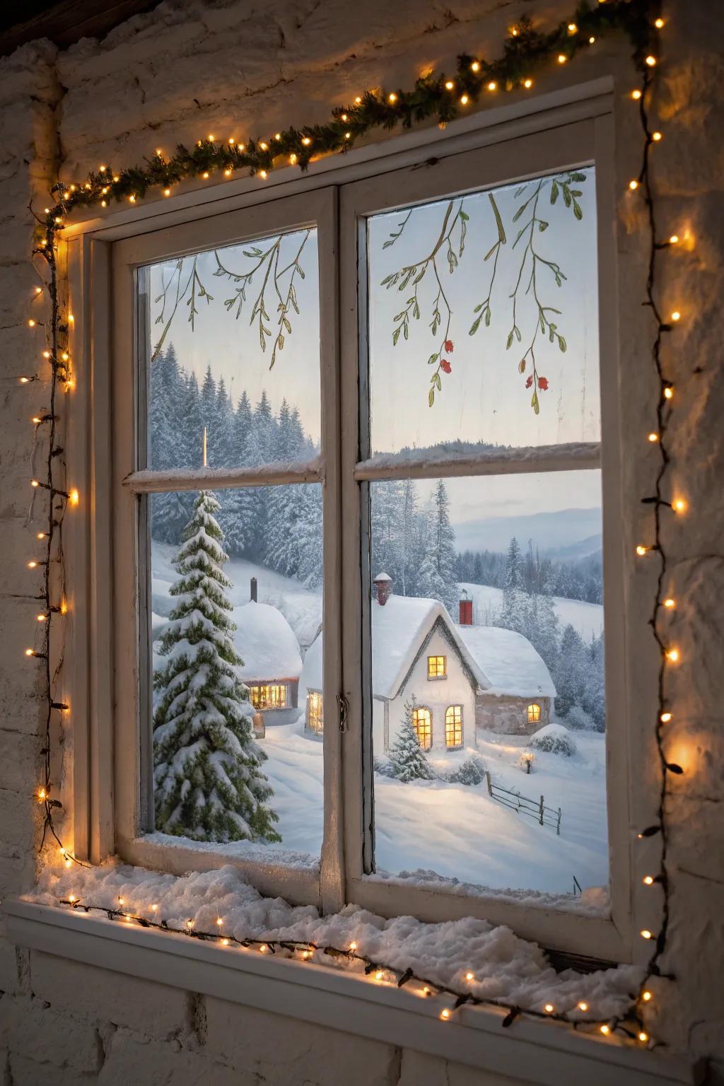 A tranquil snow-laden town lit by holiday lights