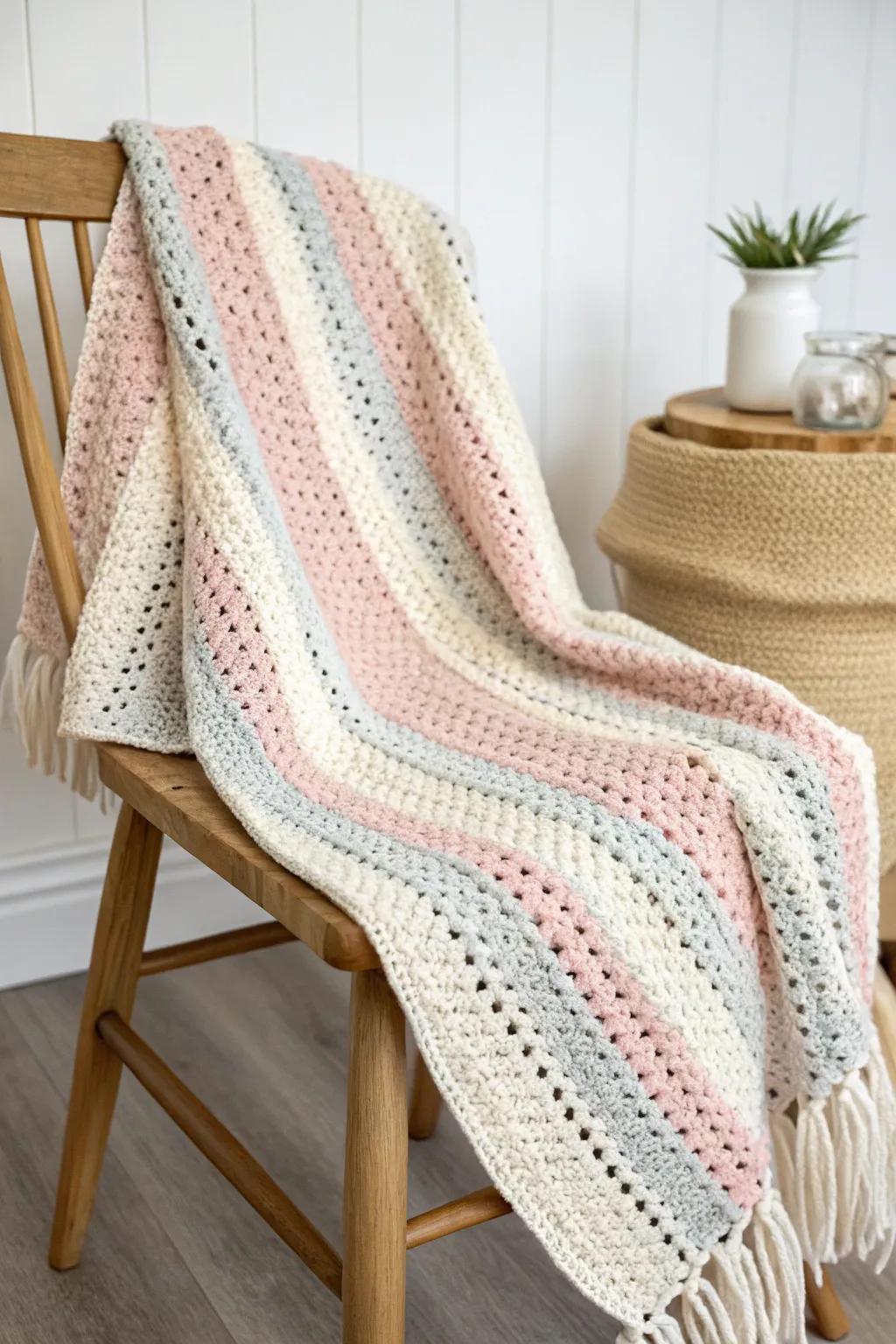 Embrace the skill of simple lines using this elegantly crafted crochet blanket, ideal for adding a hint of minimalist charm to your area.